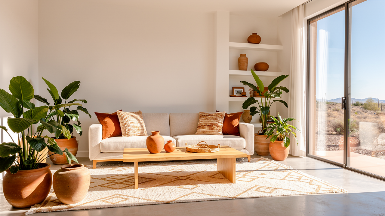 A bright, cool, sunlit Phoenix living room on a clear summer day, comfortable relief from the desert heat