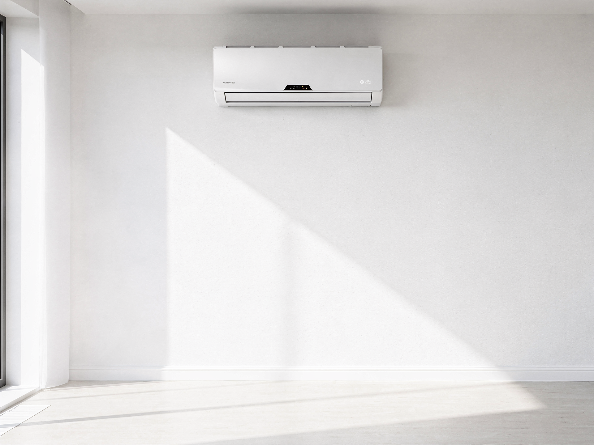 A modern white wall-mounted mini-split air conditioner in a bright sunlit room